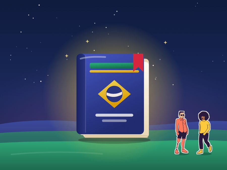 Um grande livro azul, a Constituição, cercado por brilho dourado, observado por duas pessoas