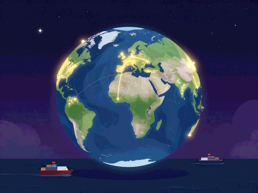 Um globo no espaço com rotas comerciais luminosas e navios