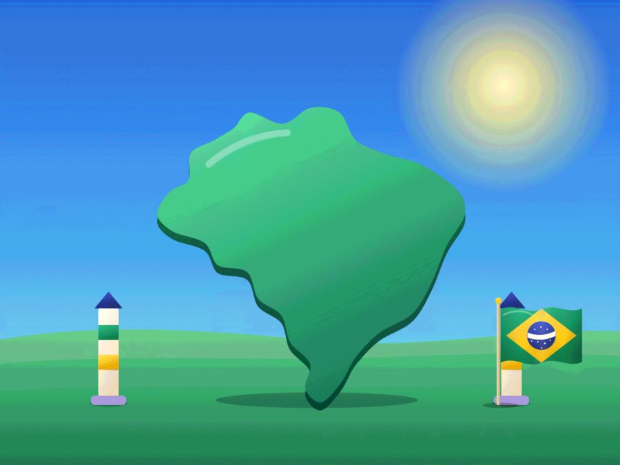 O mapa do Brasil entre dois marcos de fronteira e uma bandeira, ilustrando a soberania